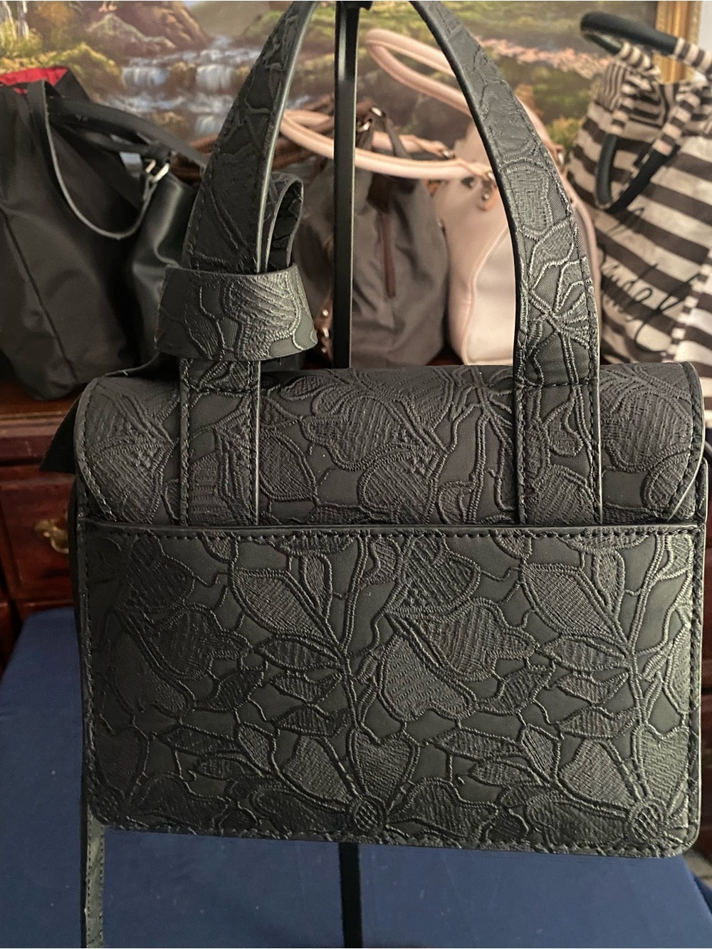 Karl Lagerfeld Paris Chantelle Crossbody - Black Floral Embossed Lace Bag - Picture 7 of 16